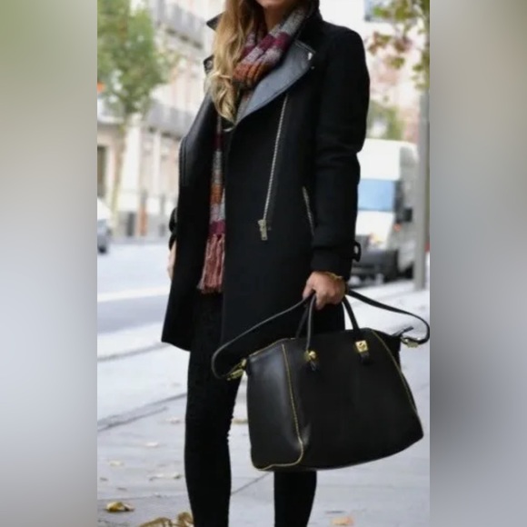 Black Wool Biker Coat with Lambskin Collar - Picture 3 of 9